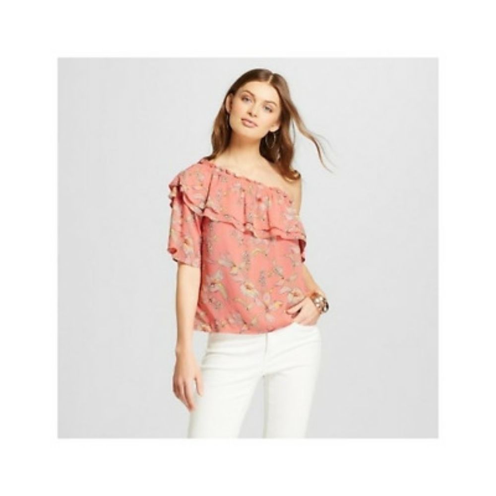 A New Day One Shoulder Ruffle Floral Blouse Pink sz xs NEW